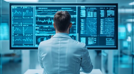 Optimization data science in business concept. A researcher analyzes data on a large screen in a modern laboratory setting.