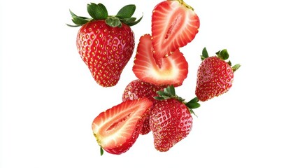 Fresh strawberries falling kitchen counter food photography bright environment close-up view vibrant colors
