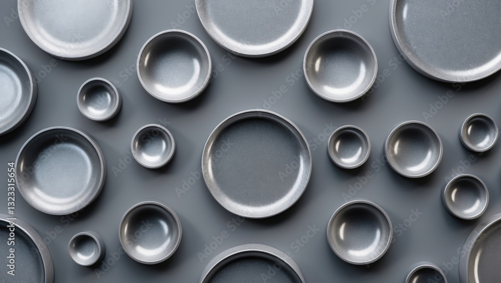 Poster grey textured backdrop featuring an arrangement of silver reflective circles in varying sizes, evenl