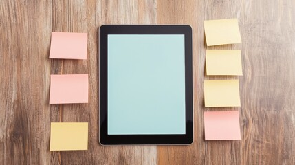 Brainstorming for team collaboration tools concept. A tablet surrounded by colorful sticky notes on a wooden surface.