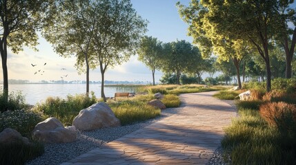 Scenic lakeside pathway with trees, rocks, and sunlit bench in peaceful natural setting