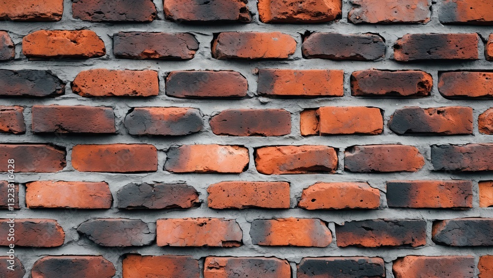 Aufkleber textured brick wall with a rich palette of reds and oranges, showcasing a rustic pattern, evenly arr