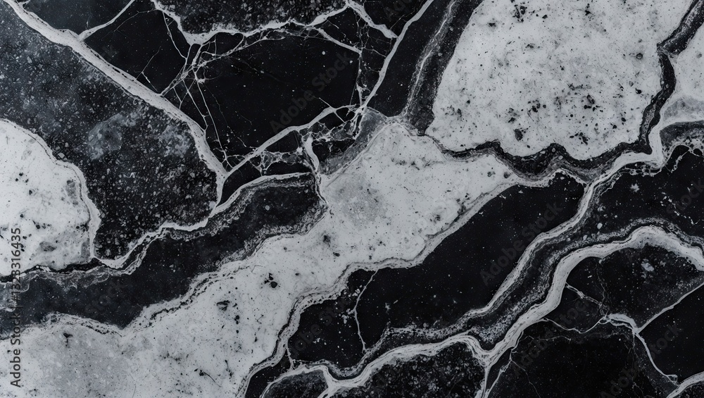 Poster elegant black and white granite pattern with intricate veining detailing, showcasing a textured abst