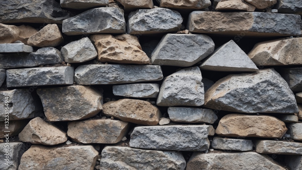 Poster textured backdrop of assorted gray and brown rubble stones stacked irregularly in a structured rock 