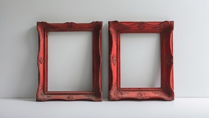 Antique red frames positioned symmetrically against a light gray background, showcasing intricate detailing and vintage charm in a minimalist setting.