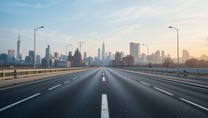 Fototapeta premium Serene Cityscape: An Empty Highway Leading to a Skyline at Dawn