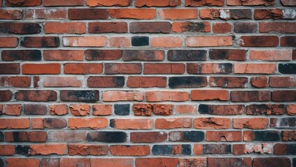 Fototapeta premium Textured brick wall with varying shades of red and brown bricks, featuring some black accents, arranged in a horizontal pattern.