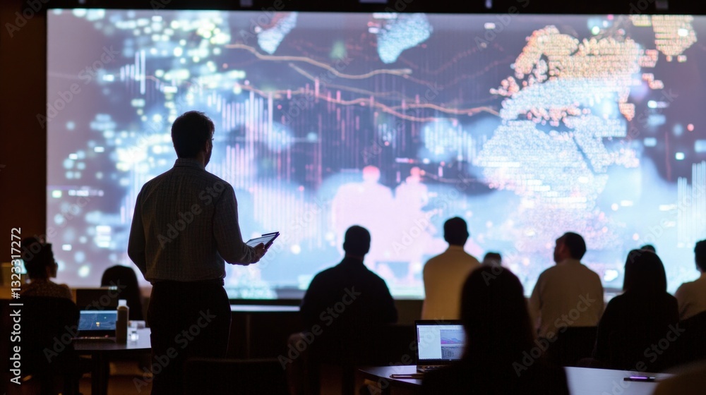 Poster a detailed shot of a colleague presenting to a small audience with a large holographic projection of