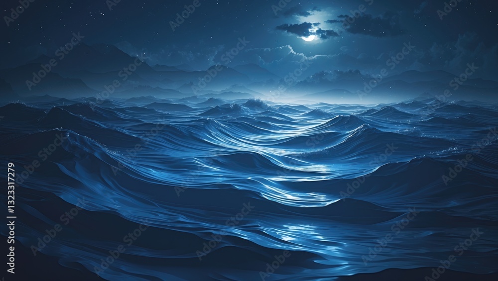 Poster serene night ocean waves illuminated by moonlight with deep blue tones and soft ripples creating a t
