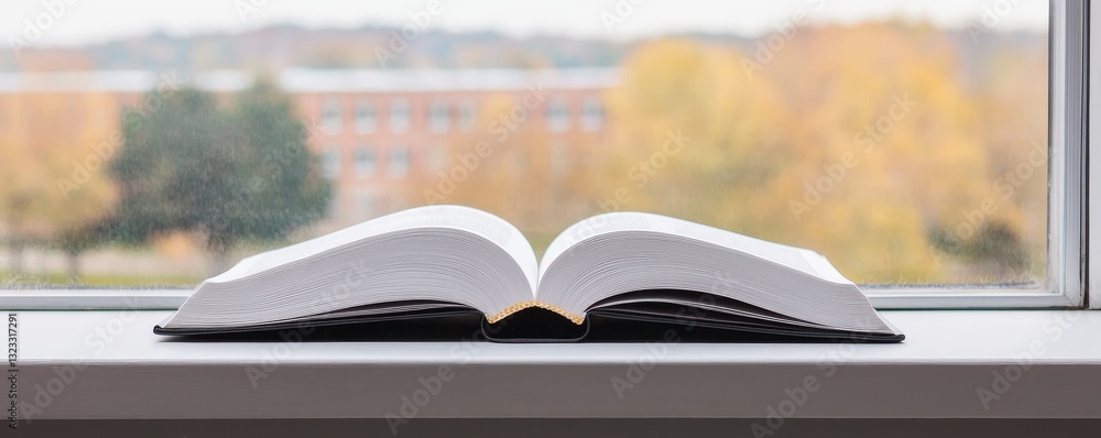 Aufkleber higher education with students and policy concept. an open book resting on a windowsill with a blurr