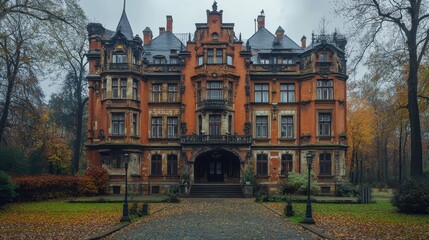 Fototapeta premium Majestic gothic mansion in autumn forest setting with overcast sky
