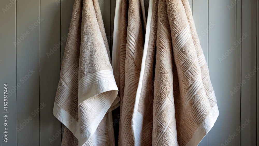 Poster elegant beige towels neatly hung on a textured wall, showcasing soft fabric patterns, with a soothin