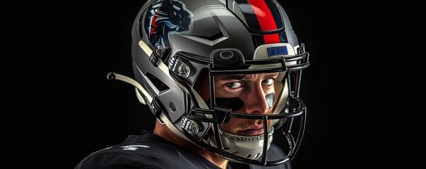Fototapeta premium Football player wearing a helmet staring intently at the viewer