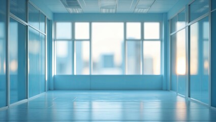 Fototapeta premium Light blue office interior with large windows reflecting light, minimalist design, ample copy space for text or graphics on the smooth floor area.