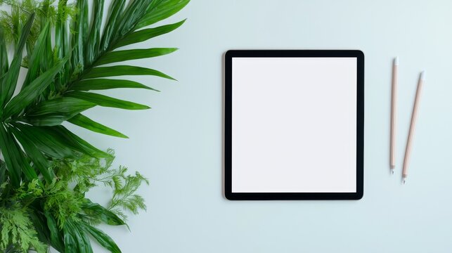 Organization with team collaboration tools concept. Blank tablet on a light background with greenery and pencils beside it.
