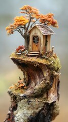 Miniature Autumn House on a Tree Stump