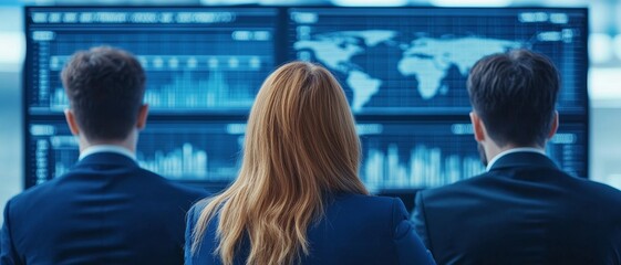 Optimization data science in business concept. Business professionals analyzing data on screens in a modern office setting.