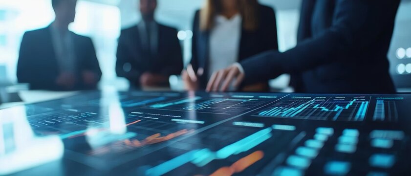 data science in business with predictive modeling concept. Business professionals analyzing data on a digital interface in a modern office setting.