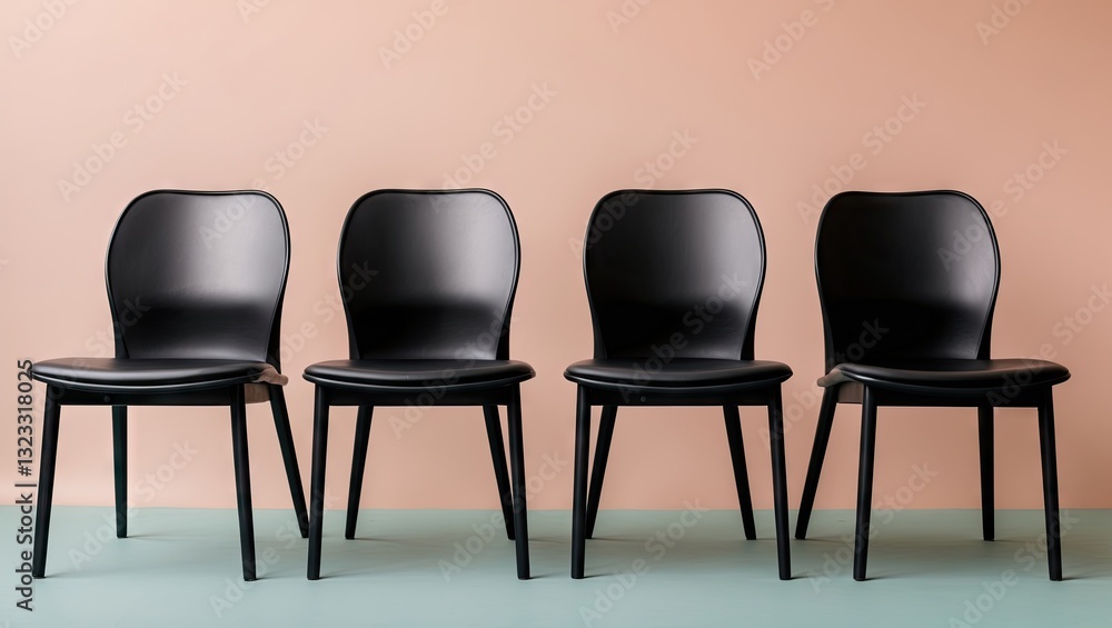 Poster black minimalist chairs aligned in a row against a soft pastel peach background with a light teal fl