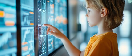 Digital literacy and technology analysis concept. Child interacting with a digital display, exploring technology and learning concepts.