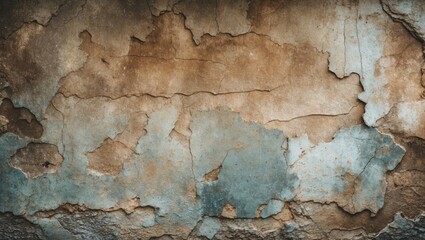 Obraz premium Peeling, aged wall texture in earthy tones of brown, blue, and cream with cracked paint and rough surface creating a vintage backdrop.