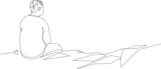 One continuous line drawing of young man sitting alone on the edge of a cliff contemplating, rear view. Teenager sadness and loneliness concept. Trendy line art vector.