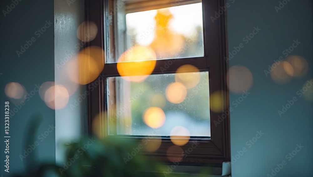 Poster cozy window frame displaying soft warm light bokeh through blurred greenery and gentle sunlight agai