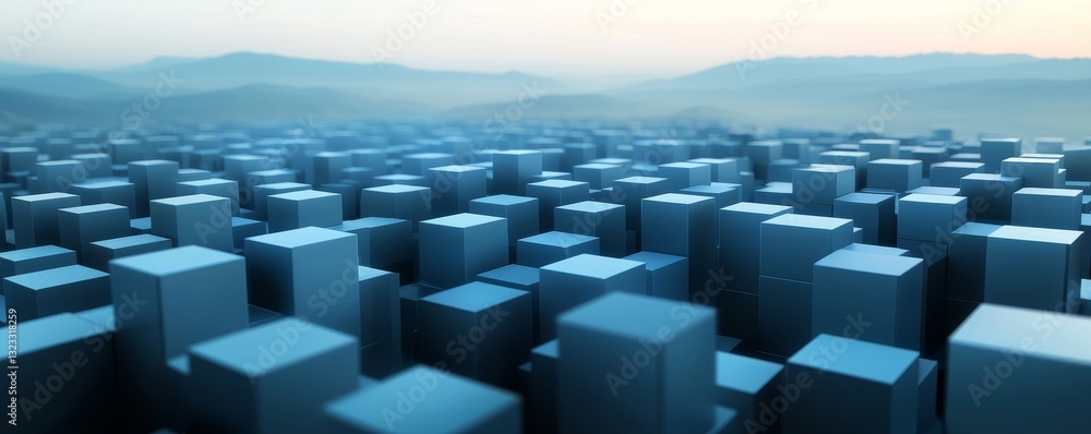 Poster optimization data science in business concept. abstract cityscape with blue cubes and soft backgroun