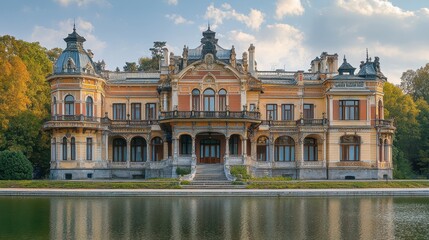 Fototapeta premium Grand historic european mansion with ornate architecture and lake reflection