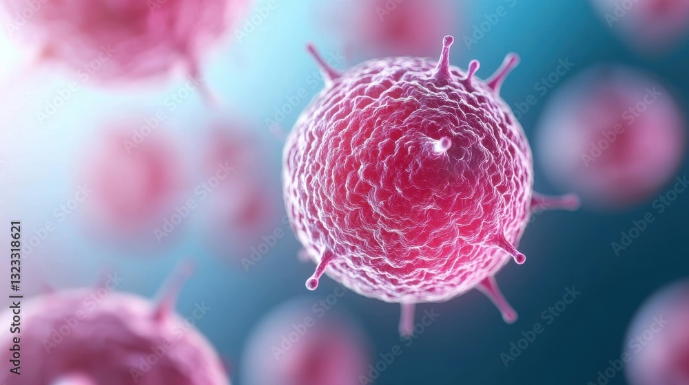 Poster a close-up view of a pink, spherical cell with spikes, depicting the intricate structure of cells un