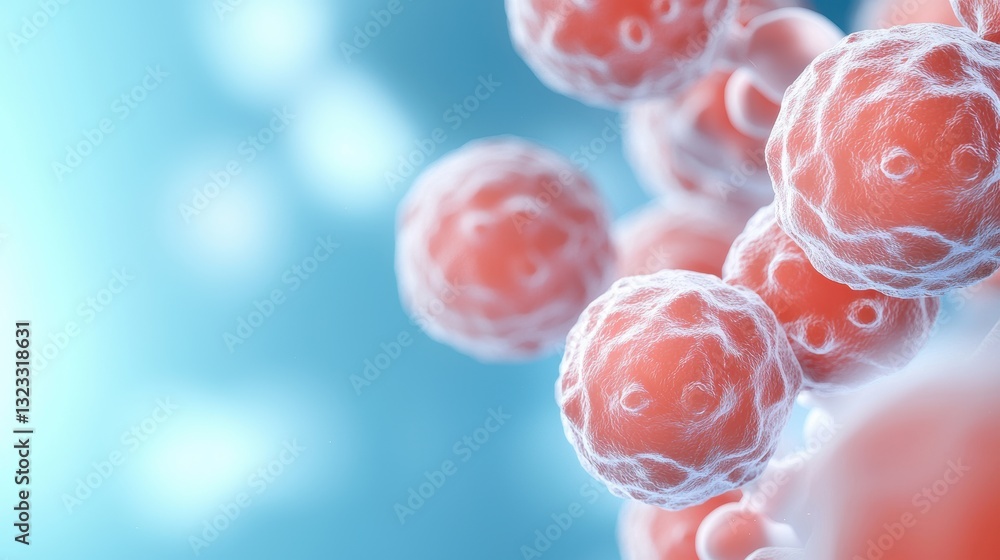 Poster abstract representation of microscopic cells in shades of red and blue, showcasing the intricate det