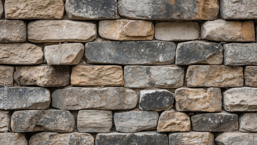 Poster textured aged stone wall background featuring gray and beige stones arranged in a uniform pattern wi