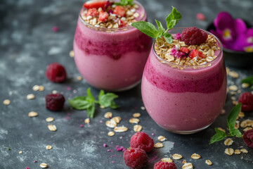 Delicious layered raspberry smoothie decorated with granola, strawberries and mint