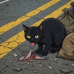 black cat eating fish on the street. like most street cats, he eats fish very greedily. Sometimes he also feels scared, even though he eats fish from the trash.