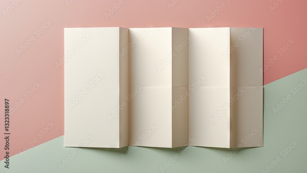 Poster blank trifold paper leaflet set on a pastel pink and green background showcasing three panels with s