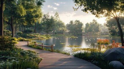 Tranquil lakeside park with wooden path and lush greenery at sunrise