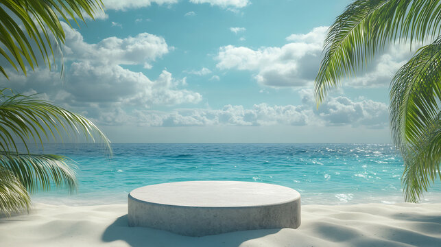 Natural stone round podium set on soft sand, surrounded by palm leaves with a serene ocean and blue sky backdrop. Ideal for summer, skincare, and tropical-themed product displays