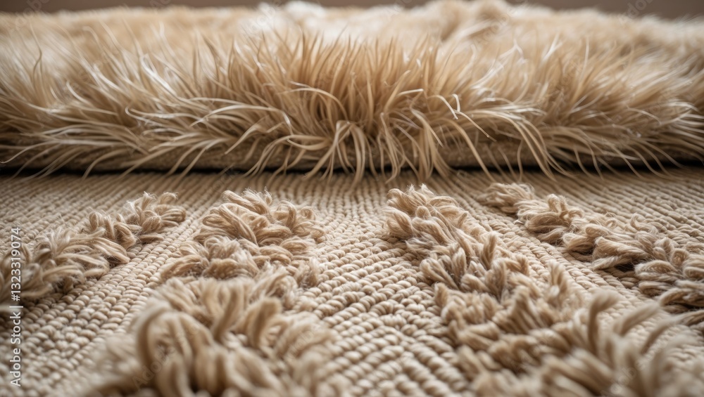 Poster beige textured rug with soft fur layer above in the foreground, intricate woven patterns, neutral to