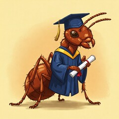 Illustration of an ant wearing a graduation gown complete with a toga on his head.