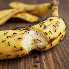 a banana that was split in two because it was bitten by several ants.