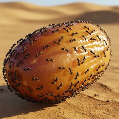 a dates fruit in the middle of the desert surrounded by ants