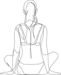Woman sits dressed in underwear continuous one line art, rear view. Single line drawing of young female in lingerie or swimsuit. Vector illustration.