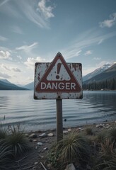 danger sign on a wooden post by a lake with distant mountains