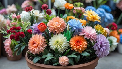 Vibrant artificial flowers in a terracotta pot showcasing a mix of orange, pink, purple, and white blooms with lush green leaves arranged beautifully