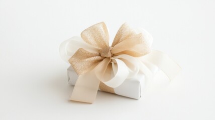 Pristine white christmas gift box shimmering with surrounded red bow ribbon, adorned by golden confetti, highlighting festive holiday elegance