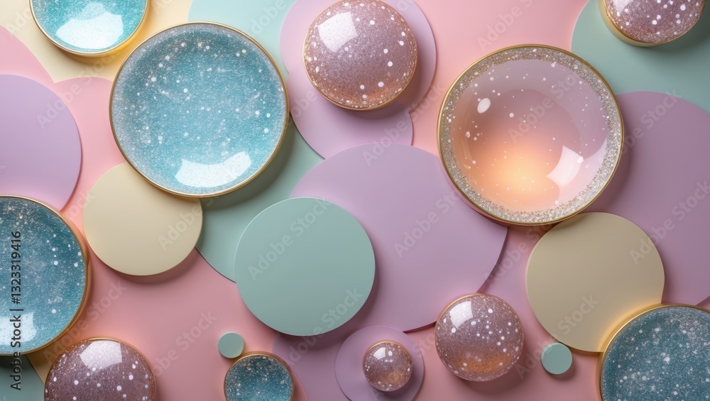 Aufkleber pastel circles in soft pink, mint, and lavender with glossy shimmering surfaces create an abstract b