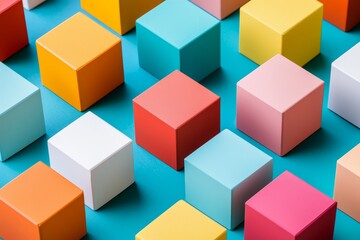 Obraz premium brand identity guidelines concept. Colorful cubes arranged on a blue background create a vibrant geometric pattern.