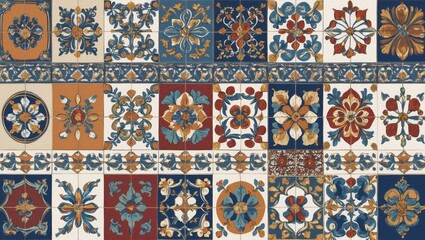 Vintage ceramic tile design featuring intricate floral motifs in shades of blue, orange, and red arranged in a symmetrical grid pattern.