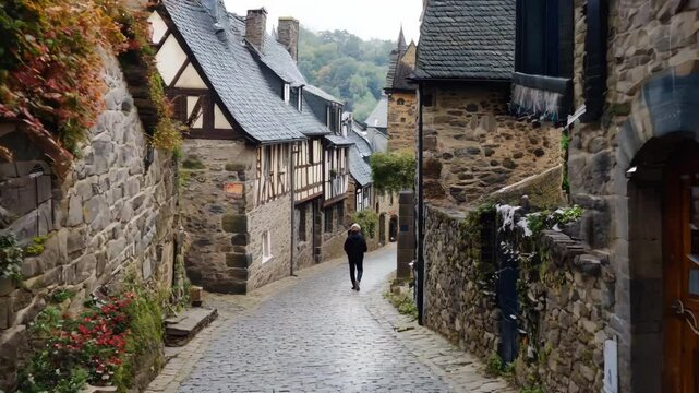 A person walks down a charming cobblestone street in a picturesque medieval village, surrounded by half-timbered houses and autumn foliage. The quiet, scenic atmosphere 