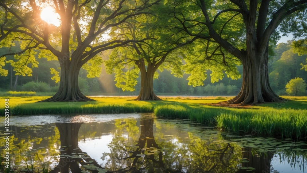 Poster serene forest scene featuring two large trees by a calm pond with sunlight streaming through lush gr